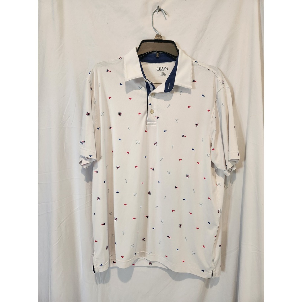 Chaps Golf Mens Large White Polo Shirt Golf Tee Flag Print Short Sleeve Blue Red